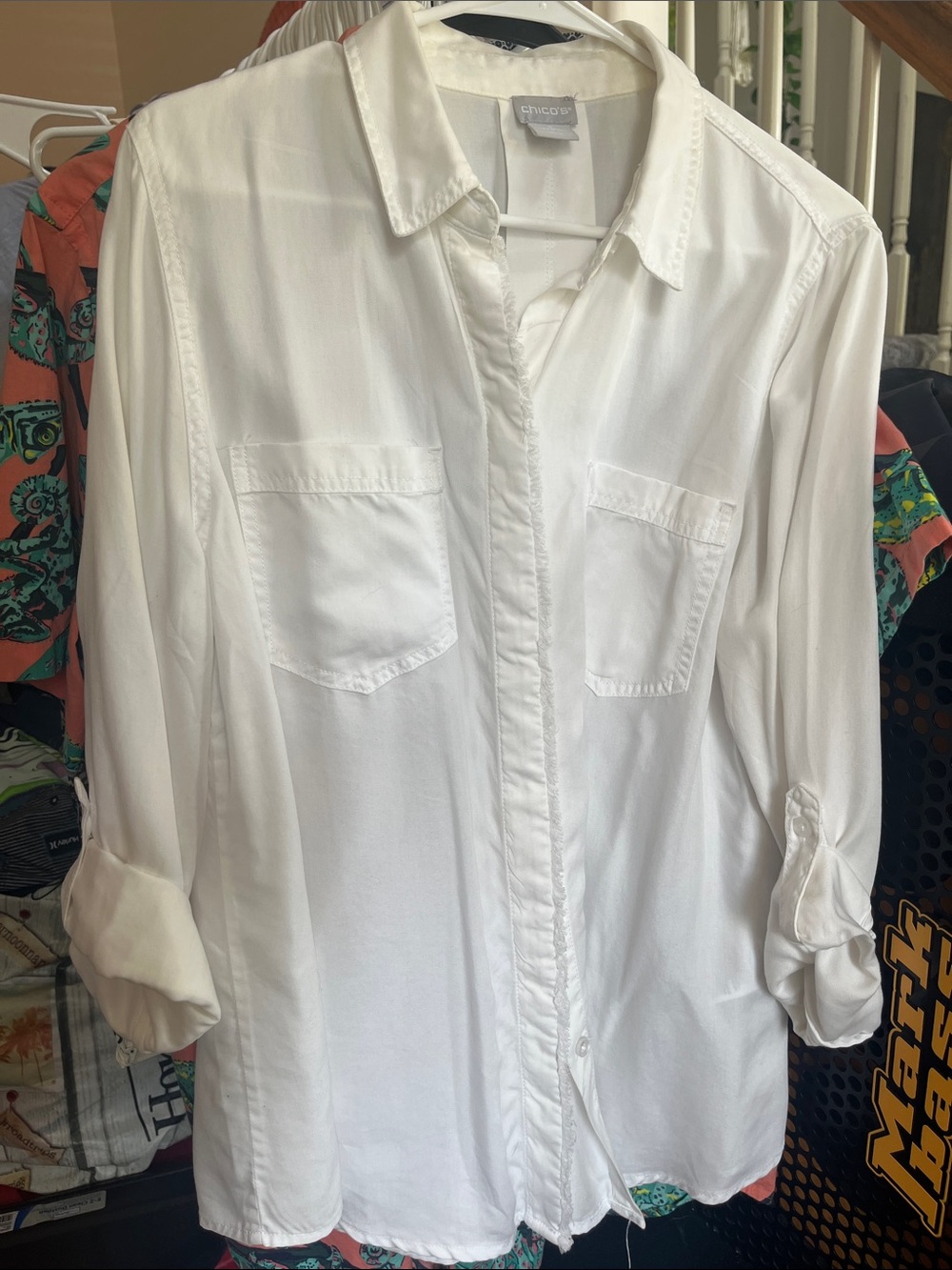 Chico's white/light ivory Collared Shirt with fringe detail